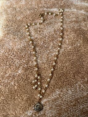 Gold-Tone Pearl Station Necklace with Medallion Charm